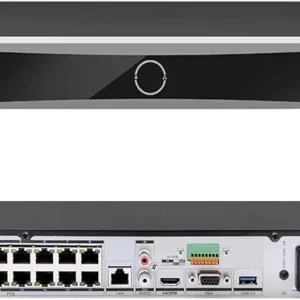 Front and back views of a black network switch with multiple ports and a circular camera on the front.